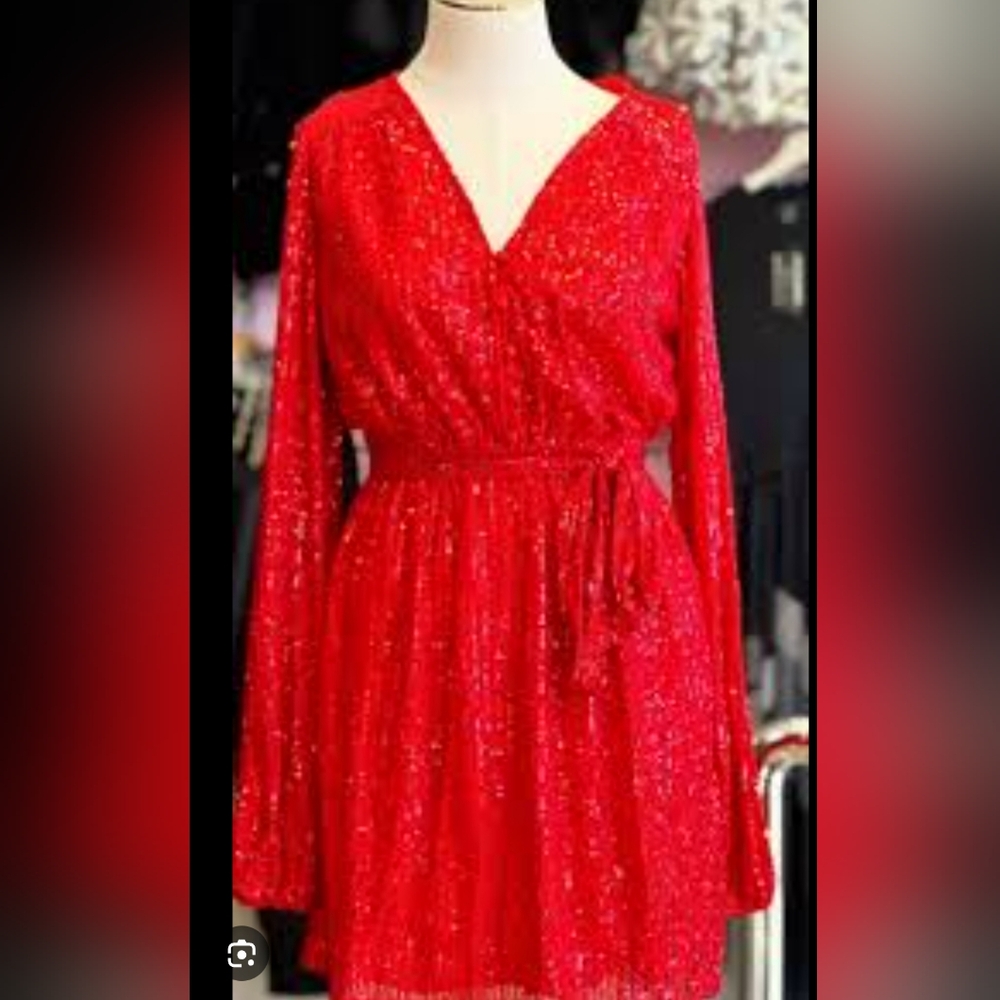 Red Sequin Long Sleeve Dress